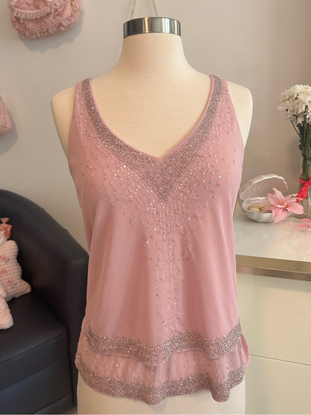Y2K Vintage Express Pink Beaded Mesh Top